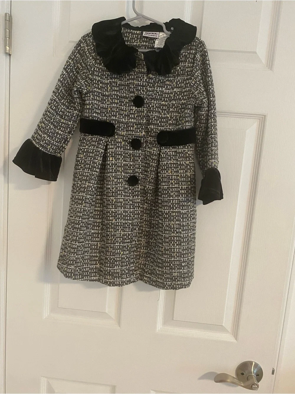 Blueberi Boulevard Black and White Tweed Girls Pea Coat with Velvet Trim
